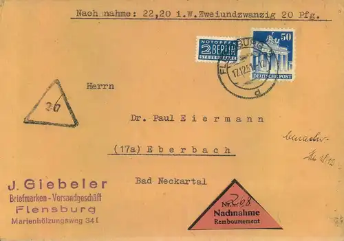 1951, Nachnahmebrief mit 50 Pfg. Brandenburger Tor blau ab FLENSBURG