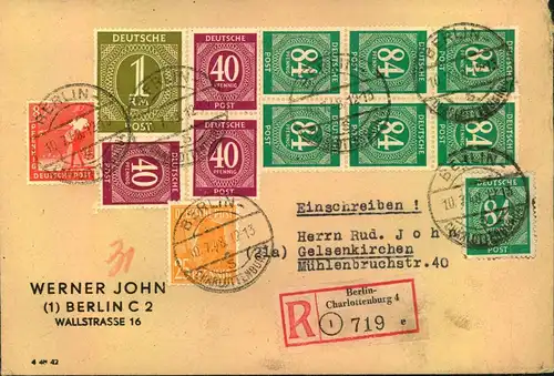 1948, Einschreiben in Zehnfachfrankatur (841 Pfg) ab BERLIN-CHARLOTTENBURG 2
