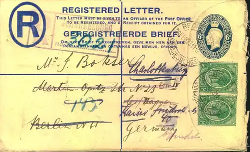 1923, 6 d registration envelope with additional franking from JOHANNESBURG to Berlin, redirected within the city