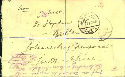 1923, 6 d registration envelope with additional franking from JOHANNESBURG to Berlin, redirected within the city