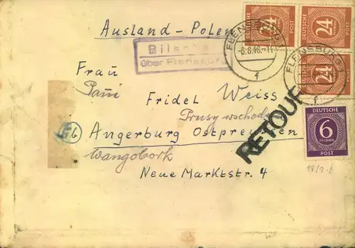 1946, 6.6., Auslandsbrief mit PSt-Stempel "Bilschau Kr. Flensburg" nach Poeln und "RETOUR"
