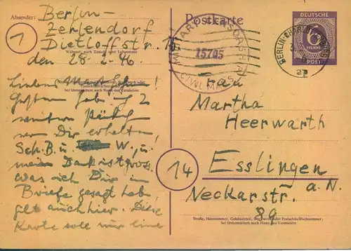 1946; 6 Pfg. GSK unbeanstandet zum alten Porto ab "BERLIN-CHARLOTTENBURG .3.3.46"