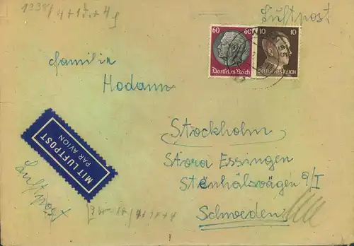 1942, OSTMARK: Luftpostbrief (41-50 g) ab "WIEN 55" nach Stockholm