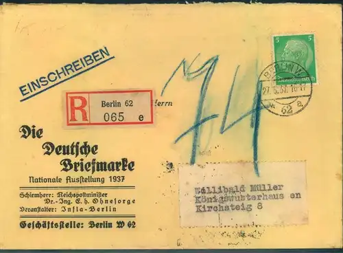 1937, Einschreiben ab "BERLIN 62" nur mit 5 Pfg. frankiert mit doppeltem Nachporto "74"