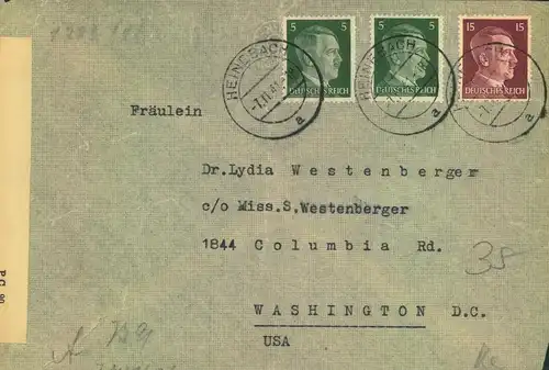 1941, Brief o. Luftpostzuschlag ab "HEINEBACH 7.11.41" nach USA. Mit OKW und US-Zensur