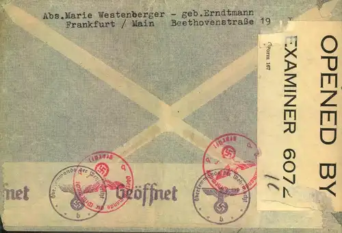 1941, Brief o. Luftpostzuschlag ab "HEINEBACH 7.11.41" nach USA. Mit OKW und US-Zensur