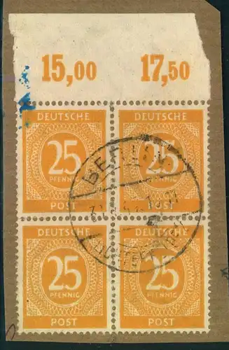 1927, 25 Pfg. gelb, im gestempelten Viererblock vom Oberrand mit PF I auf Feld 16 und 17