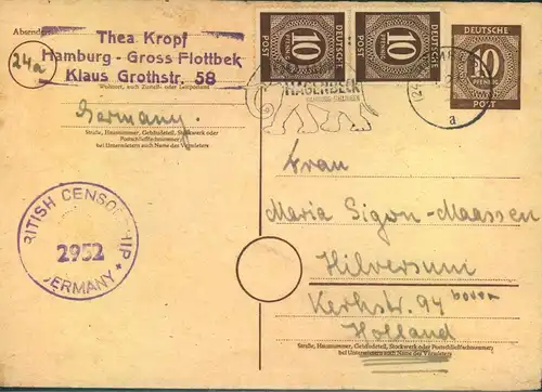 1948, 10 Pfg. Ganzsachenkarte mit 2-mal 10 Pfg. Zustz auf Auslandskarte ab HAMBURG nach Holland