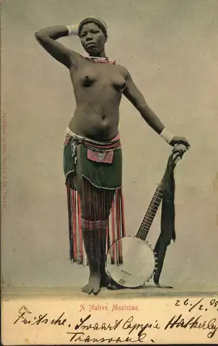 1905, picture card from HATTKERLEY, Transvaal showing "A Native Musician"