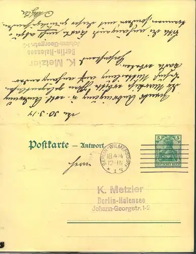 1914, bedarfsgebrauchte 5 Pfg. Doppelkarte, beide Teile in Berlin