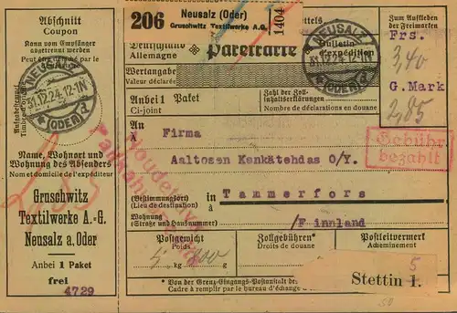 1924, Selbstbucher-Paketkarte "Gebühr bezahlt" ab "NEUSALZ (ODER)