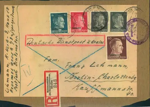 1943, Adressträger eines schweren Briefes (501-1.000 g) per Einschreiben ab "NOWOMOSKOWSK (Kr. Dnjepropetrowsk)