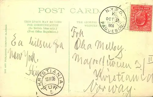 1906, ship mail ppc "RMS CARONIA" via NEW YORK  "N.Y.P.O. PACUEBOR to Kristiania, Norway