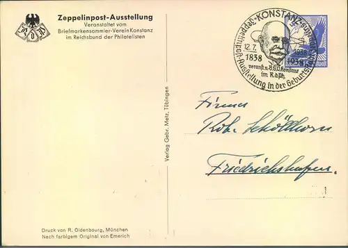 1938, Privatganzsache "Zeppelin-Ausstellung" mmit Sonderstempel KONSTANZ