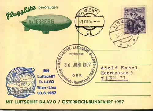 1957, Werbekarte "UNDERBERG", mit Luftschiff "D-LAVO", Österreich-Rundfahrt