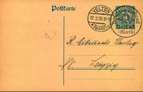 1928, BRANDENBURG: VELTEN (MARK), Dienstkarte mit Postamtssiegel