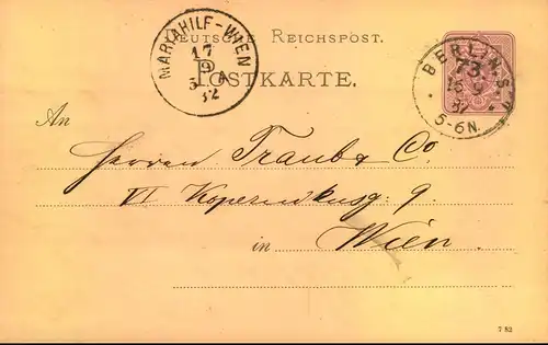 1882, "BERLIN S. 73" auf 5 Pfg. GSK nach Wien (KBHW 740)