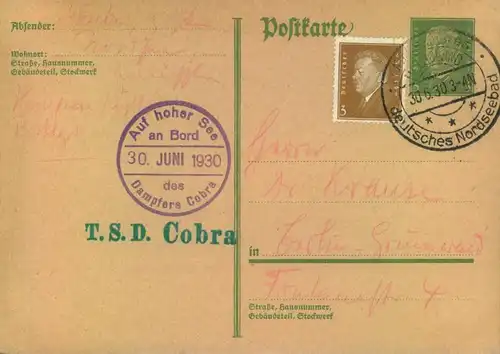 1930, blanko Karte mit Ortswerbestempel HELGOLAND "Auf hoher See an Bord des Dampfers "Cobra"