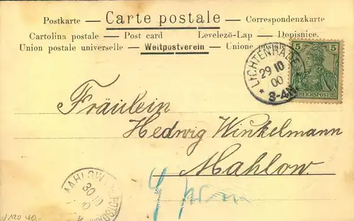 1900, Ansichtskarte ab LICHTENRADE" (Berliner Vorort) nach Mahlow