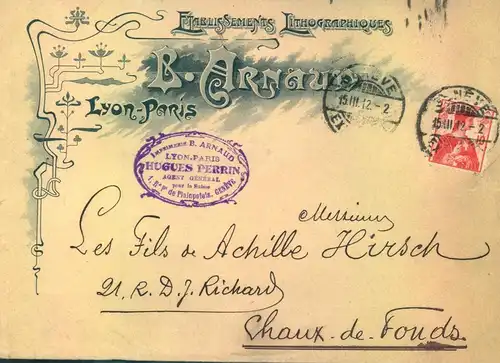 1912, beautiful advertisement "Etablissements Lithographiques Lyon-Paris" used in Geneva