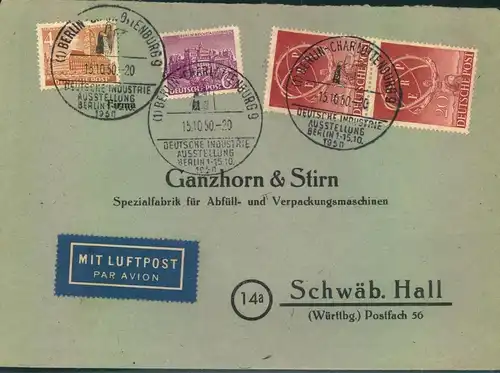 1950, Luftpostbrief mit 2-mal 20 Pfg. ERP mit Ortswerbestempel BERLIN-CHARLOTTENBURG