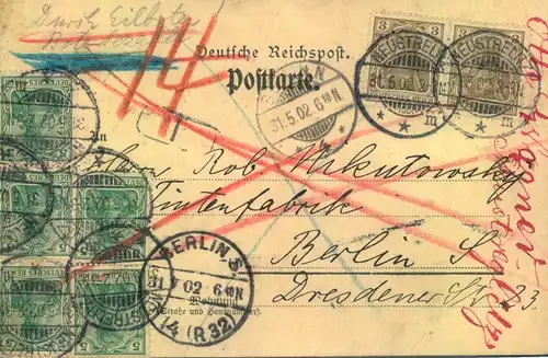 1902, Eilbotenkarte ab NEUSTRELITZ nach Berlin, hier mit Rohrpost.