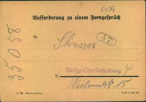 1939, "Anforderung zu einem Ferngespräch" per Rohrpost von "BERLIN-CHARLOTTENBURG 2" nach Charlottenburg 4