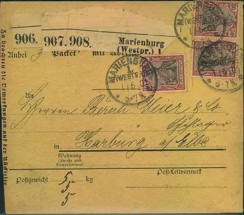 1901, Paketkarte für drei Pakete ab "MARIENBURG (WESTPR.) 1" mit MeF 3-mal 50 Pfg. Germania REICHSPOST