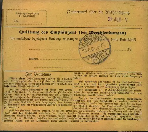 1901, Paketkarte für drei Pakete ab "MARIENBURG (WESTPR.) 1" mit MeF 3-mal 50 Pfg. Germania REICHSPOST