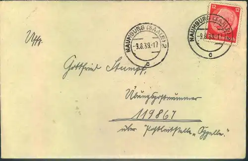 1939, Übungsfeldpost an FP-Nr. 119687 ab "NAUMBURG (SAALE) 9.8.39"