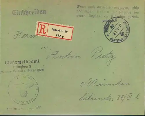 1937, Wehrdiestsache per Einschreiben ab MÜNCHEN 20