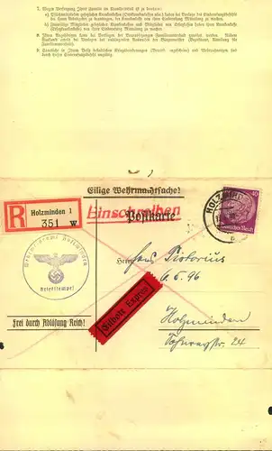 1940, Wehrmachtssache per Einboten  ab HOLZMINDEN- Einberufungsbefehl,
