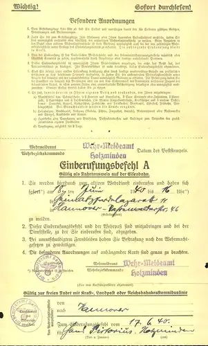 1940, Wehrmachtssache per Einboten  ab HOLZMINDEN- Einberufungsbefehl,