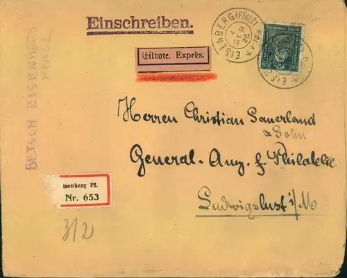 1925, Einschreiben/Eilbotenbrief mit 80 Pfg. Stephan ab EISENBERG (PFALZ)