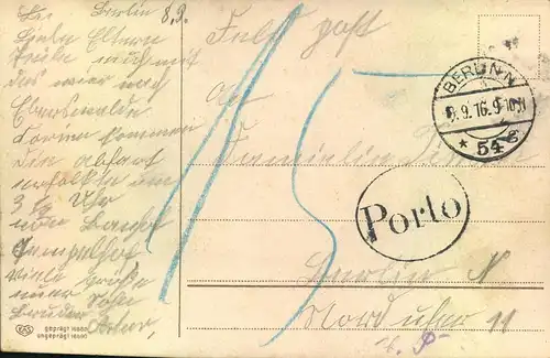 1916, Ortskarte ab "BERLIN 5 g" unfrankiert mit "15" Nachporto