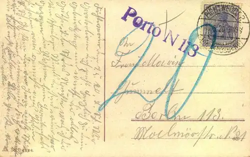 1920, Postkarte ab "FICHTWERDER 10.5.20" mit 20 Pfg. Germania nach Berlin mit "Porto N 113"