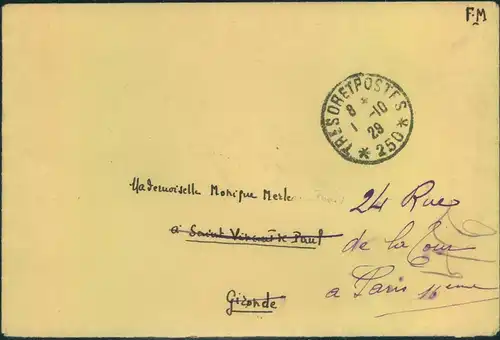 1929, Französische Militärpost "Tresor et Postes 250" im Rheinland, Absender in Kehl