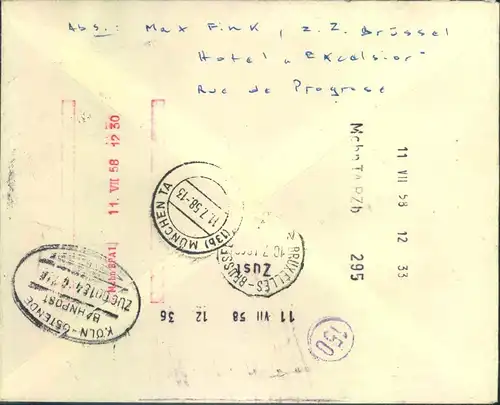 1958, R-Expressbrief mit R-Zettel "Nations Unies" nach München, dort mit Rohrpost