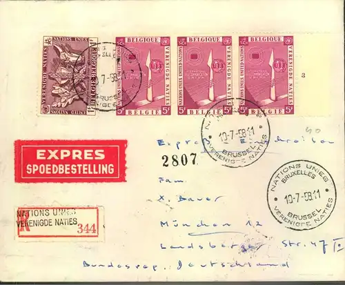 1958, R-Expressbrief mit R-Zettel "Nations Unies" nach München, dort mit Rohrpost