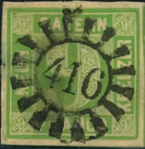 "416", Markredwitz, geschlossener Mühlradstempel zentrisch auf 5 Kreuzer grün (Mi-Nr. 5)