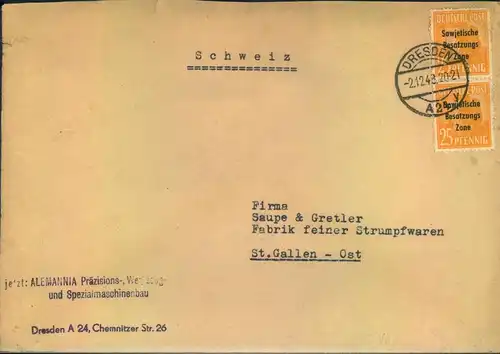 1948, Auslandsbrief mit senkrechtem Paar 25 Pfg. AS Masch.-Aufdruck ab DRESDEN