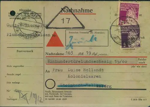 1949, Nachnahmekarte mit 6 und 40 Pfg. Köpfe 1 ab "FLOH (KR. SCHMALKALDEN)