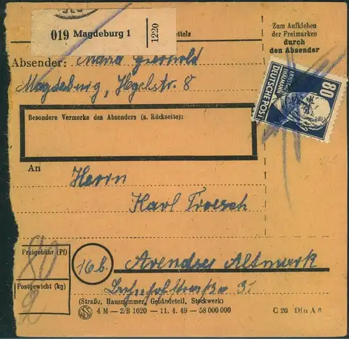 1952, 80 Pfg. Köpfe 1 als EF auf Paketkarte ab MAGDEBURG mit Strichentwertung nach Arendsee (Altmark)