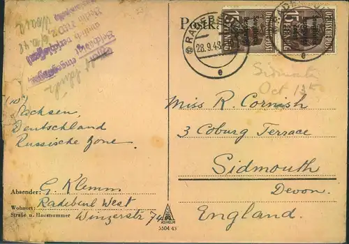 1948, Auslandskarte ab RADEBEUL mit senkr. Paar 15 Pfg. Masch.-Aufdruck nach England