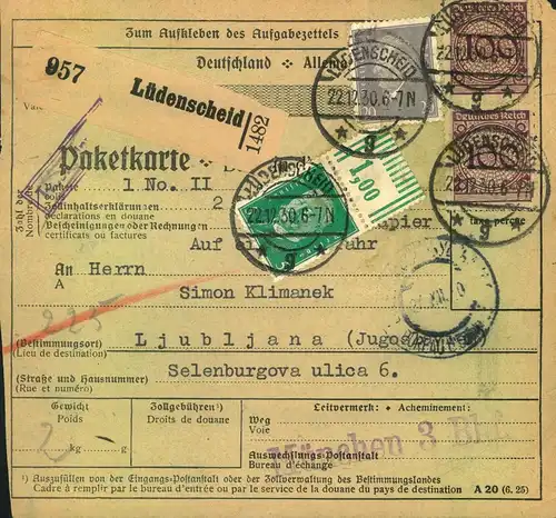 1930, Paketkarte ab LÜDENSCHID nach Judoslawien