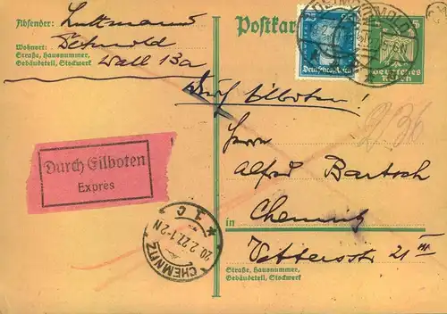 1927, 5 Pfg. Ganzachenkarte mit Zusatz per Eilboten ab DETMOLD