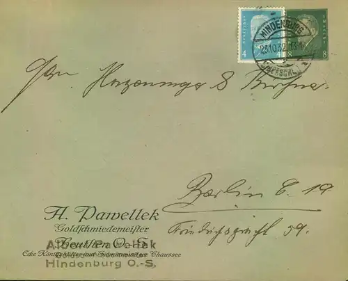 1932, 8 Pfg. Ganzsachenausschnitt mit Zusatz auf Brief ab "HINDENBURG" (Oberschlesien)