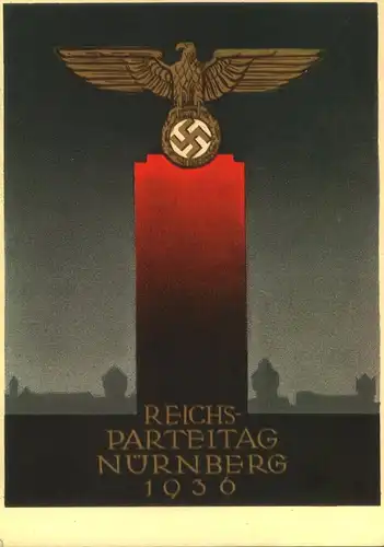 1936, farbige Festpostkarte zum Reichsparteiteg, gelaufen mit Werbestempel NÜRNBERG