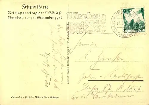 1936, farbige Festpostkarte zum Reichsparteiteg, gelaufen mit Werbestempel NÜRNBERG