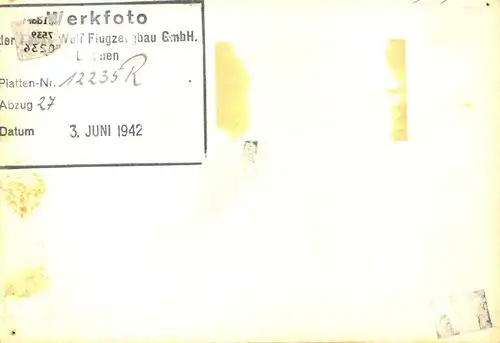 1942, FOCKE-WULF 190, seltenes Werkfoto mit Registrierstempel vom "3. Juni 1942"